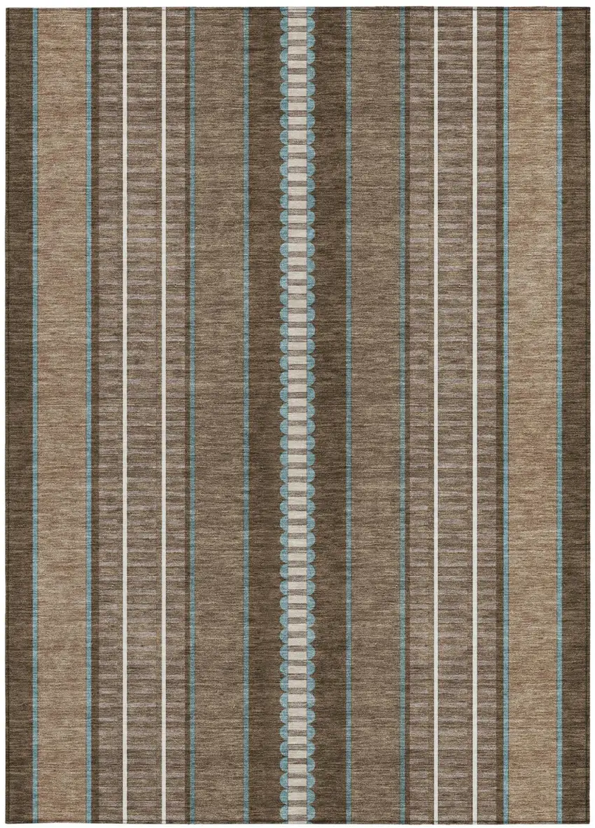 Chocolate And Blue Striped Washable Indoor Outdoor Area Rug Photo 3