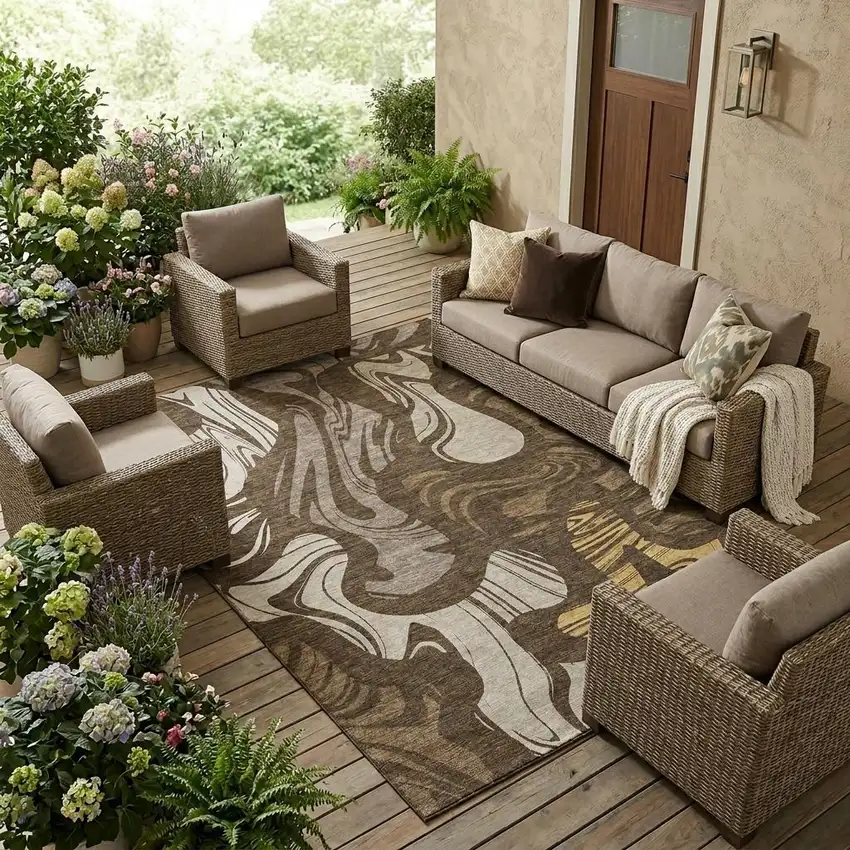 Chocolate And Brown Abstract Washable Indoor Outdoor Area Rug Photo 1