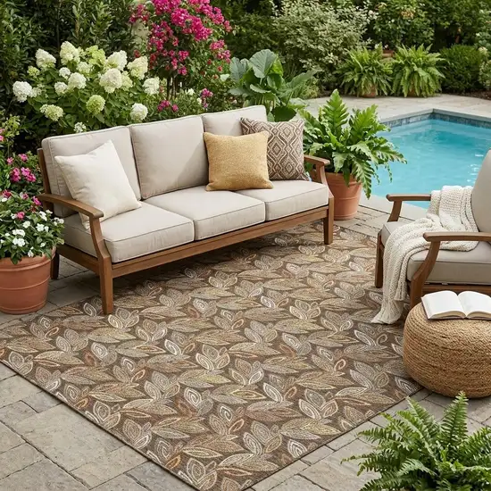 Chocolate And Brown Botanical Leaves Washable Indoor Outdoor Area Rug Photo 1