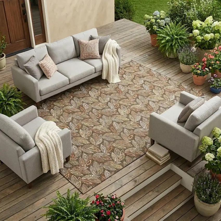 Chocolate And Brown Botanical Leaves Washable Indoor Outdoor Area Rug Photo 1