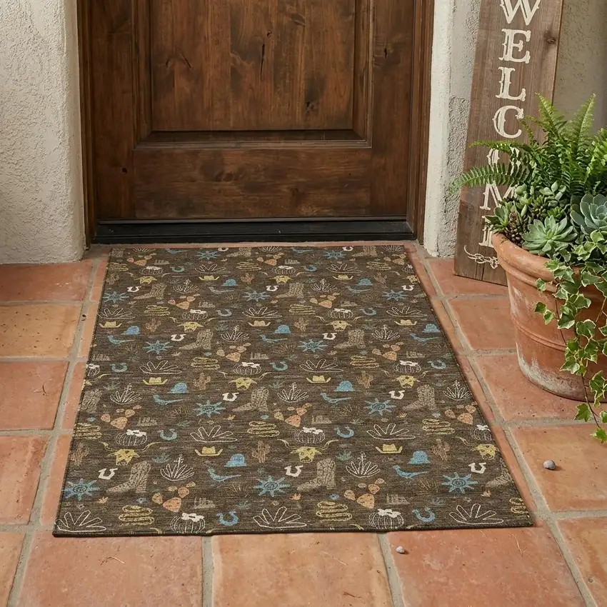 Chocolate And Brown Cactus Washable Indoor Outdoor Area Rug Photo 1