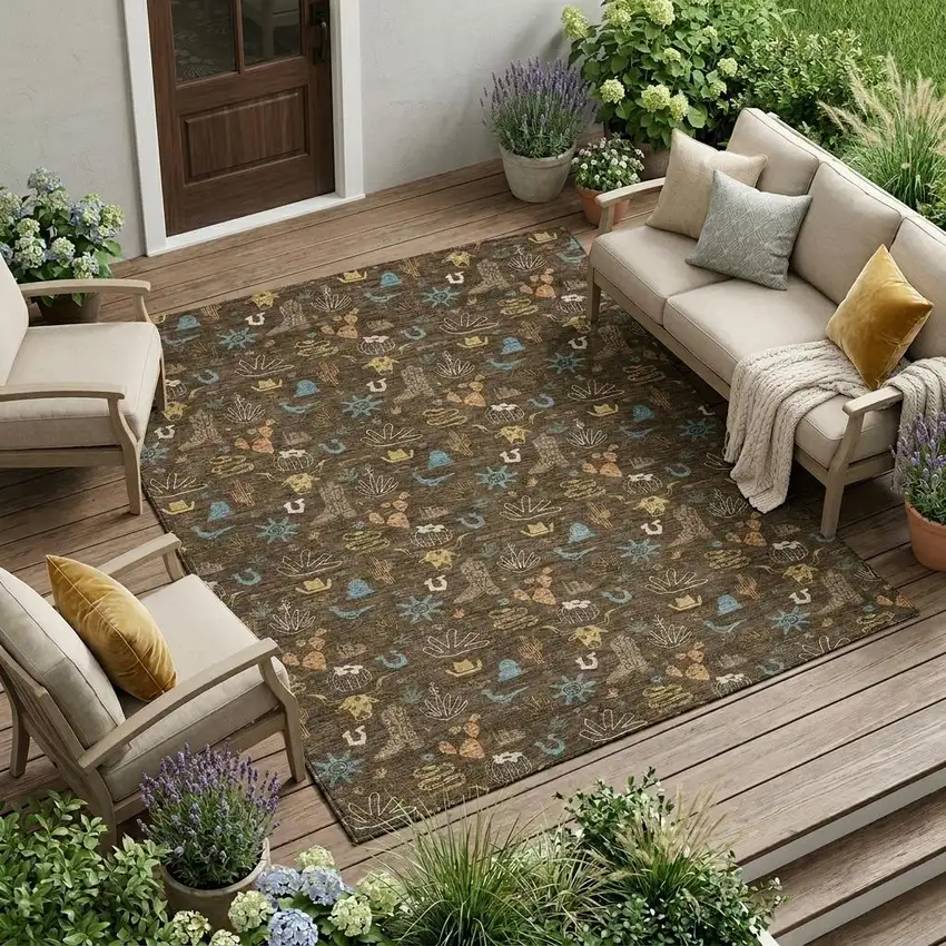 Chocolate And Brown Cactus Washable Indoor Outdoor Area Rug Photo 1