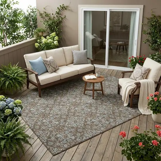 Chocolate And Brown Damask Washable Indoor Outdoor Area Rug Photo 1