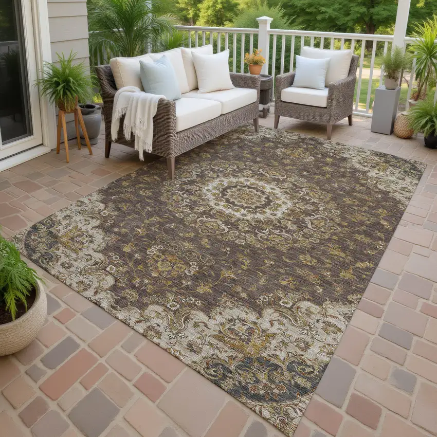 Chocolate And Brown Floral Medallion Washable Indoor Outdoor Area Rug Photo 4