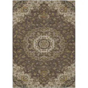 Photo of Chocolate And Brown Floral Medallion Washable Indoor Outdoor Area Rug