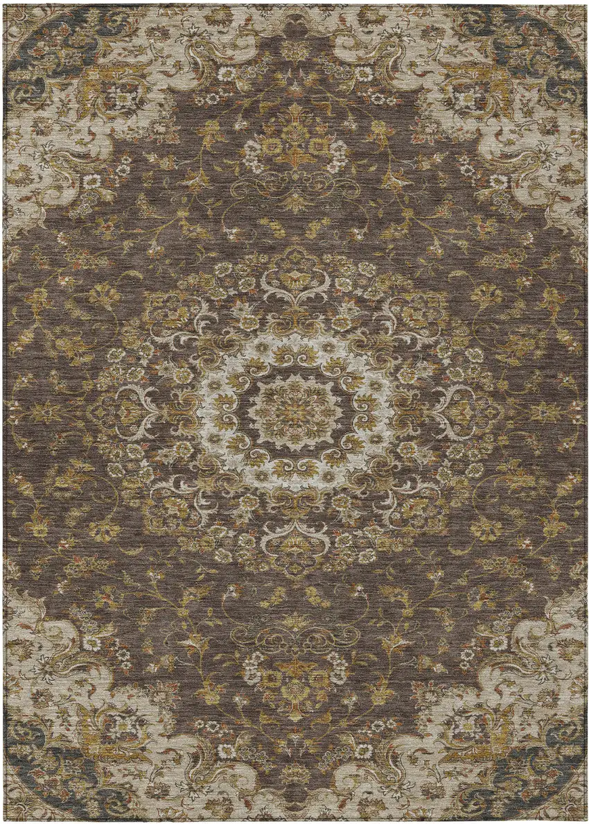 Chocolate And Brown Floral Medallion Washable Indoor Outdoor Area Rug Photo 1