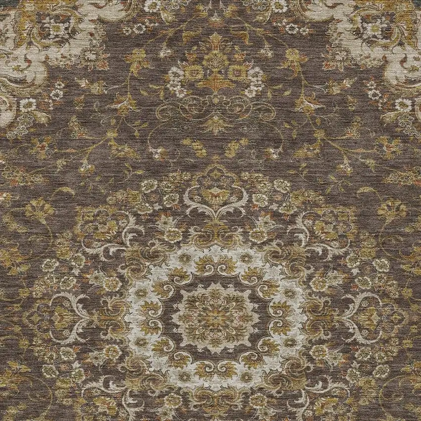 Chocolate And Brown Floral Medallion Washable Indoor Outdoor Area Rug Photo 2