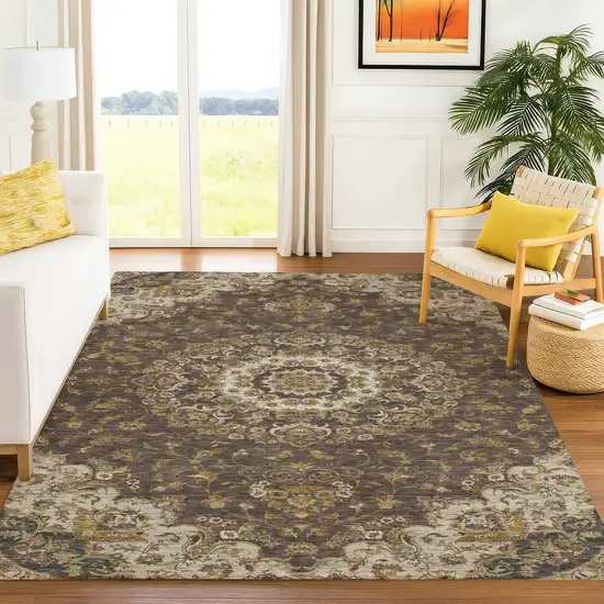 Chocolate And Brown Floral Medallion Washable Indoor Outdoor Area Rug Photo 6