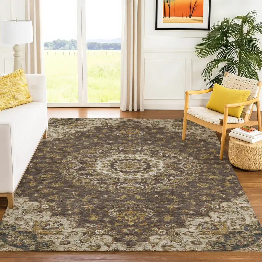 Chocolate And Brown Floral Medallion Washable Indoor Outdoor Area Rug Photo 6
