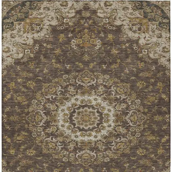Chocolate And Brown Floral Medallion Washable Indoor Outdoor Area Rug Photo 3