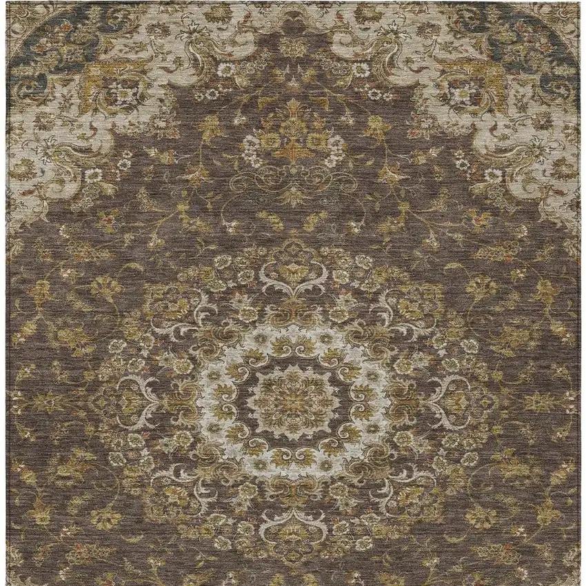 Chocolate And Brown Floral Medallion Washable Indoor Outdoor Area Rug Photo 3
