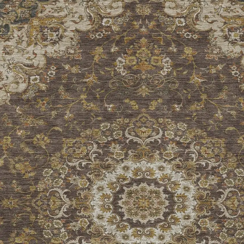 Chocolate And Brown Floral Medallion Washable Indoor Outdoor Area Rug Photo 2