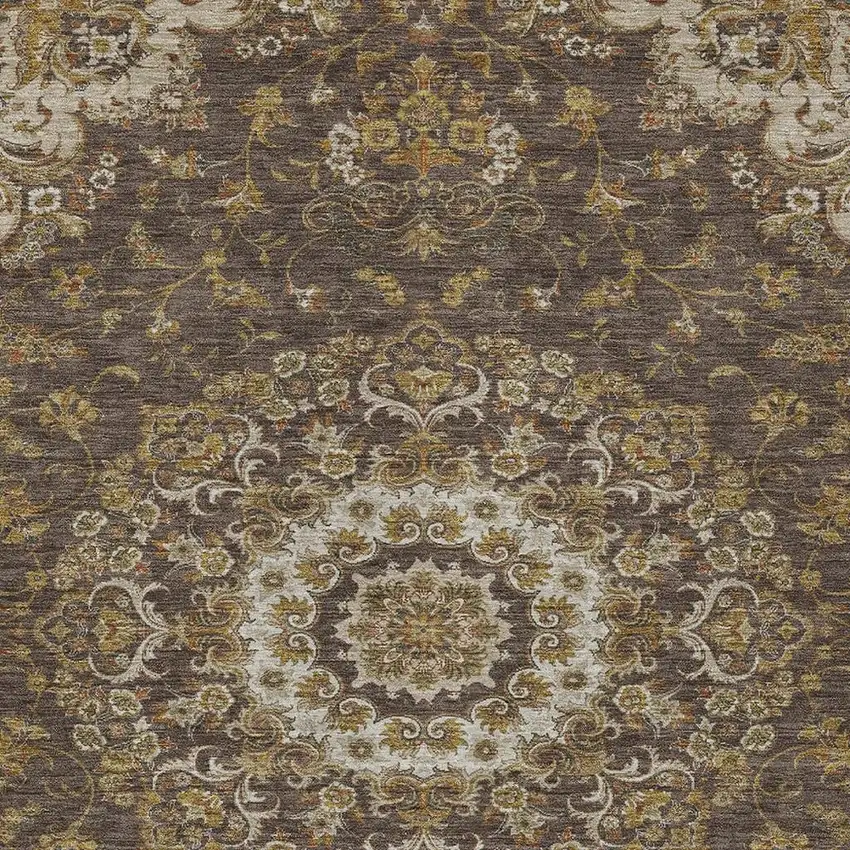 Chocolate And Brown Floral Medallion Washable Indoor Outdoor Area Rug Photo 2