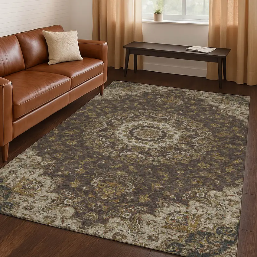 Chocolate And Brown Floral Medallion Washable Indoor Outdoor Area Rug Photo 5