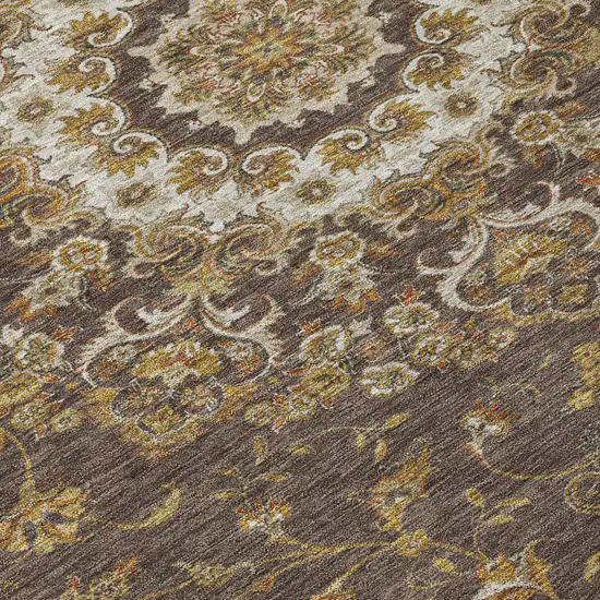 Chocolate And Brown Floral Medallion Washable Indoor Outdoor Area Rug Photo 9
