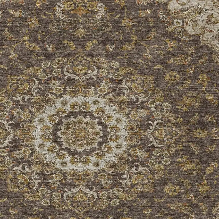 Chocolate And Brown Floral Medallion Washable Indoor Outdoor Area Rug Photo 2