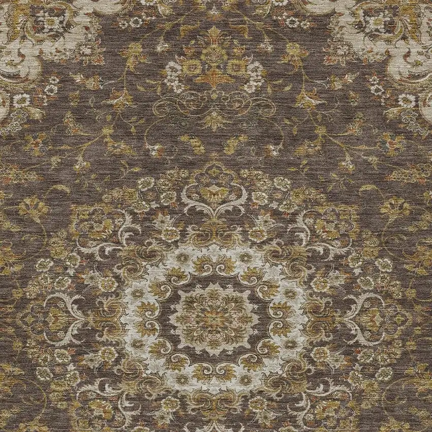 Chocolate And Brown Floral Medallion Washable Indoor Outdoor Area Rug Photo 2