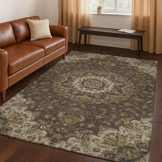Chocolate And Brown Floral Medallion Washable Indoor Outdoor Area Rug Photo 5