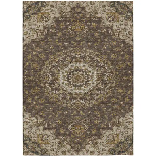 Chocolate And Brown Floral Medallion Washable Indoor Outdoor Area Rug Photo 1