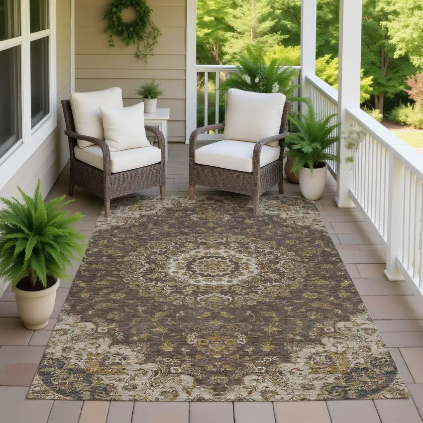 Chocolate And Brown Floral Medallion Washable Indoor Outdoor Area Rug Photo 7
