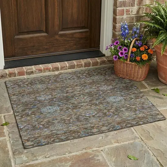 Chocolate And Brown Floral Medallion Washable Indoor Outdoor Area Rug Photo 1