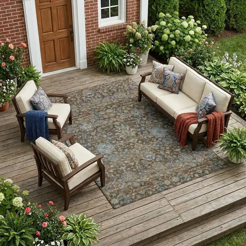 Chocolate And Brown Floral Medallion Washable Indoor Outdoor Area Rug Photo 1