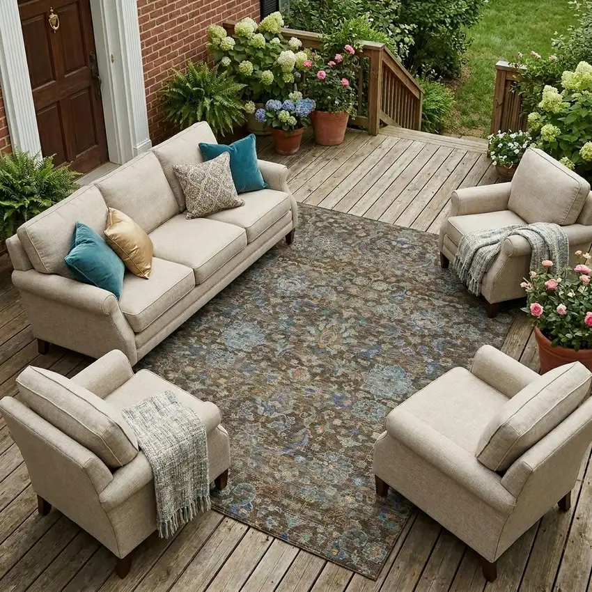 Chocolate And Brown Floral Medallion Washable Indoor Outdoor Area Rug Photo 1