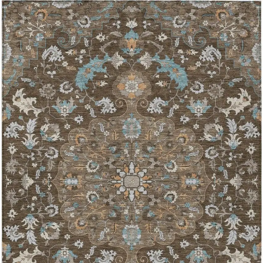 Chocolate And Brown Floral Medallion Washable Indoor Outdoor Area Rug Photo 4