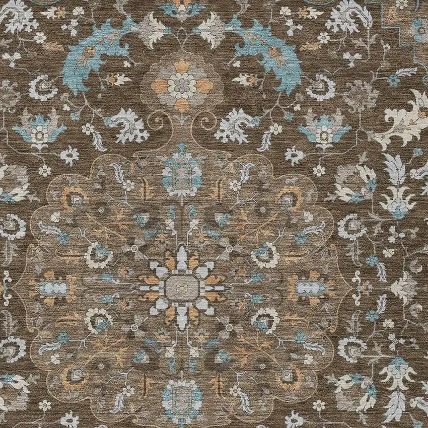 Chocolate And Brown Floral Medallion Washable Indoor Outdoor Area Rug Photo 3