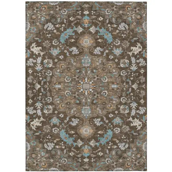 Chocolate And Brown Floral Medallion Washable Indoor Outdoor Area Rug Photo 2