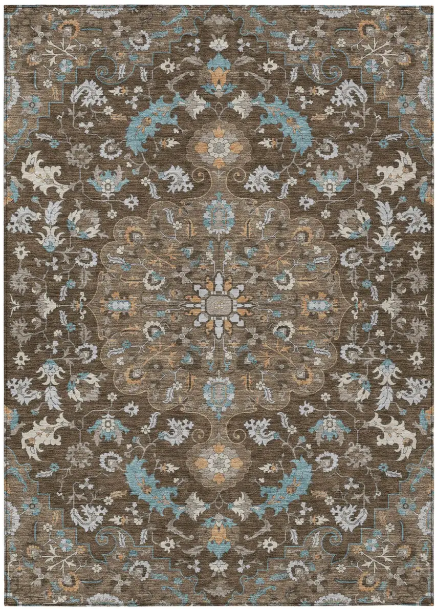 Chocolate And Brown Floral Medallion Washable Indoor Outdoor Area Rug Photo 2
