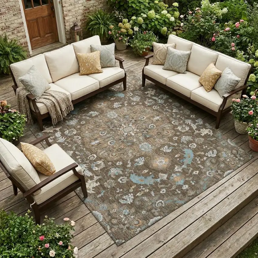 Chocolate And Brown Floral Medallion Washable Indoor Outdoor Area Rug Photo 1