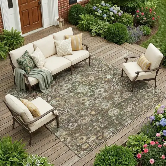Chocolate And Brown Floral Medallion Washable Indoor Outdoor Area Rug Photo 1