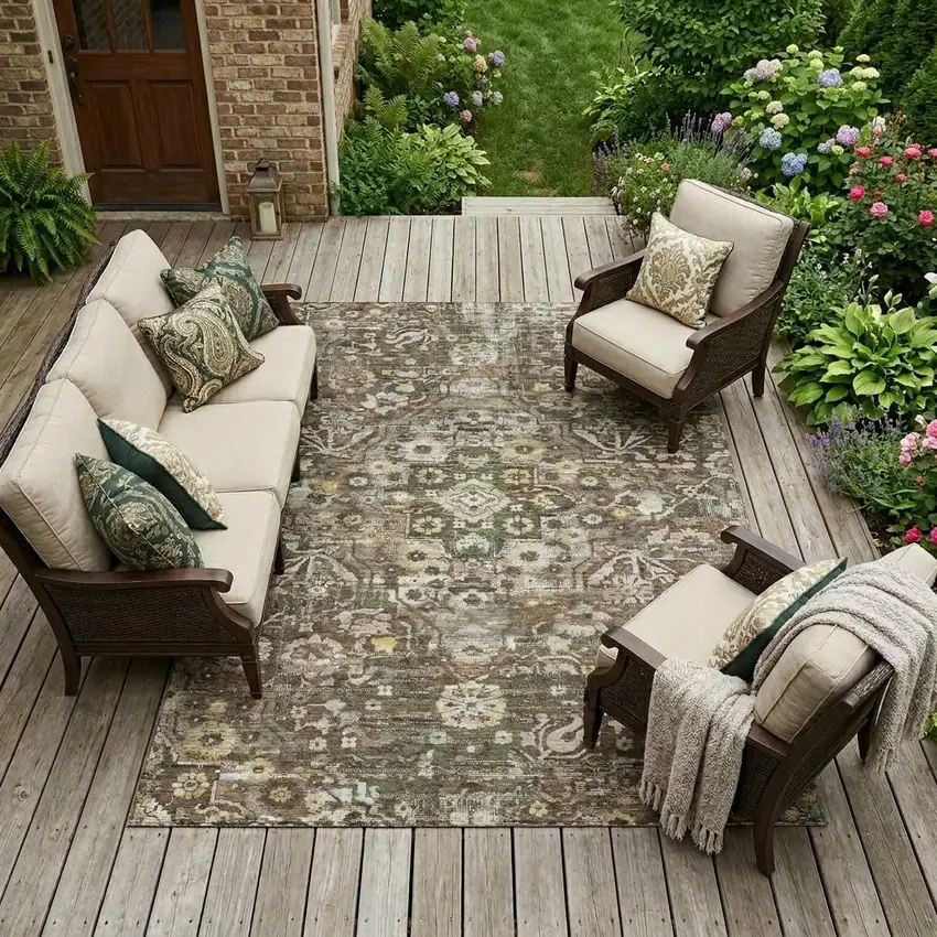 Chocolate And Brown Floral Medallion Washable Indoor Outdoor Area Rug Photo 1