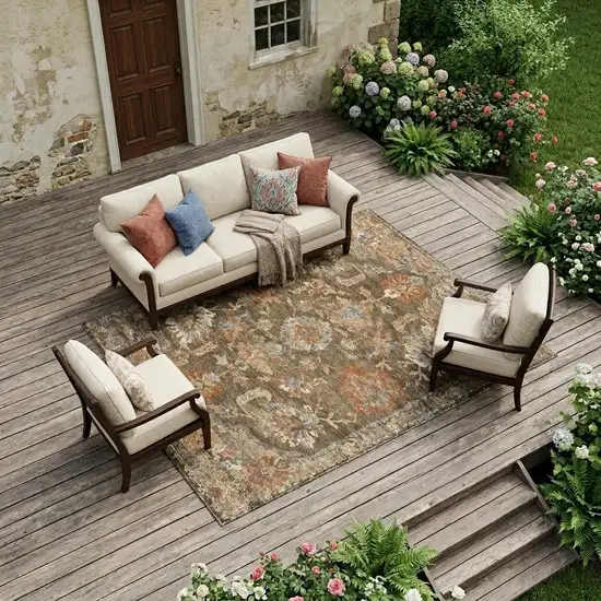 Chocolate And Brown Floral Medallion Washable Indoor Outdoor Area Rug Photo 1
