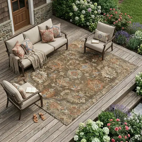 Chocolate And Brown Floral Medallion Washable Indoor Outdoor Area Rug Photo 1