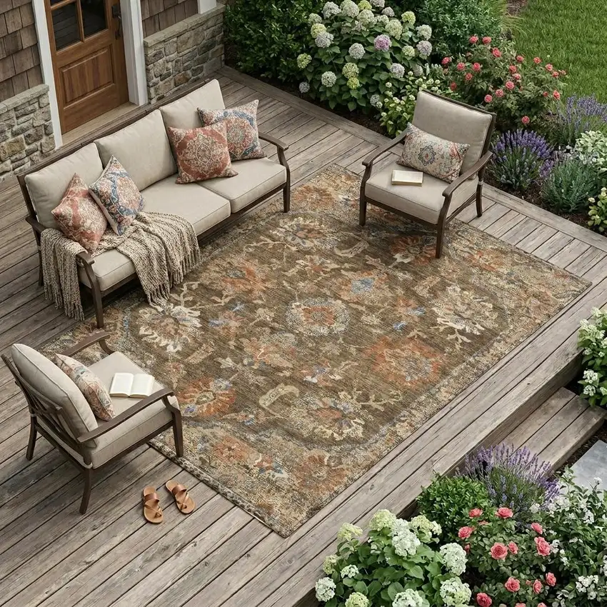 Chocolate And Brown Floral Medallion Washable Indoor Outdoor Area Rug Photo 1