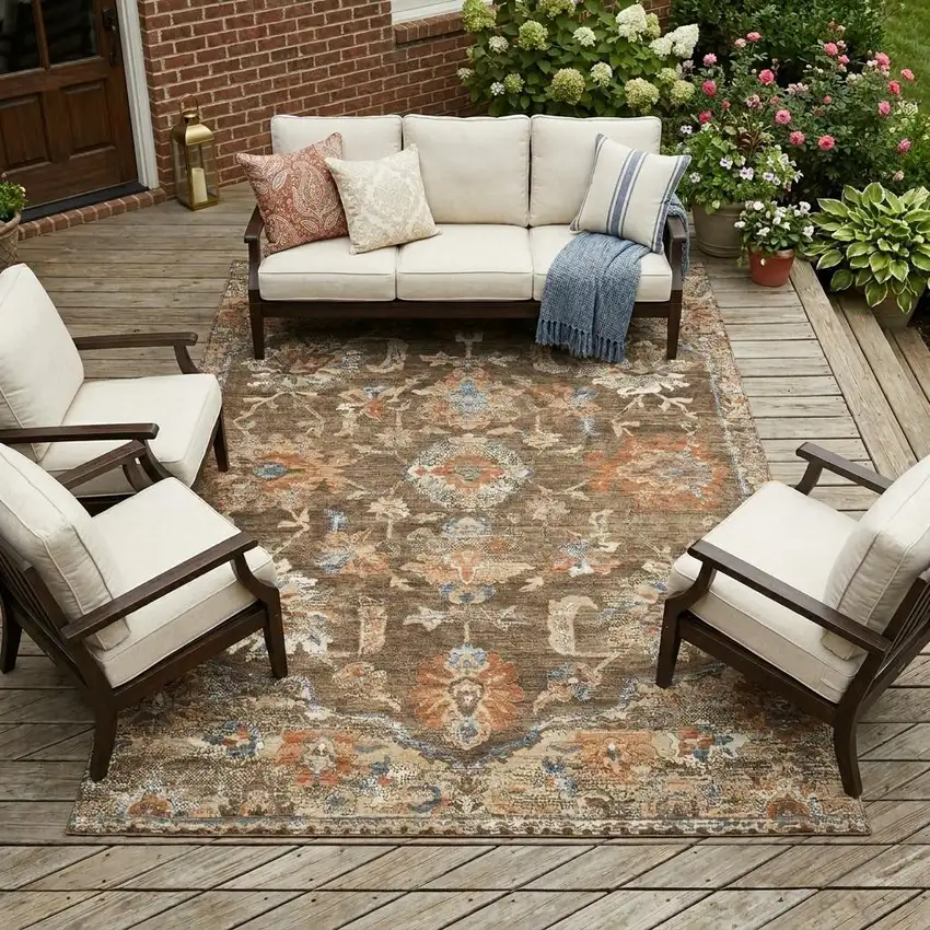 Chocolate And Brown Floral Medallion Washable Indoor Outdoor Area Rug Photo 1