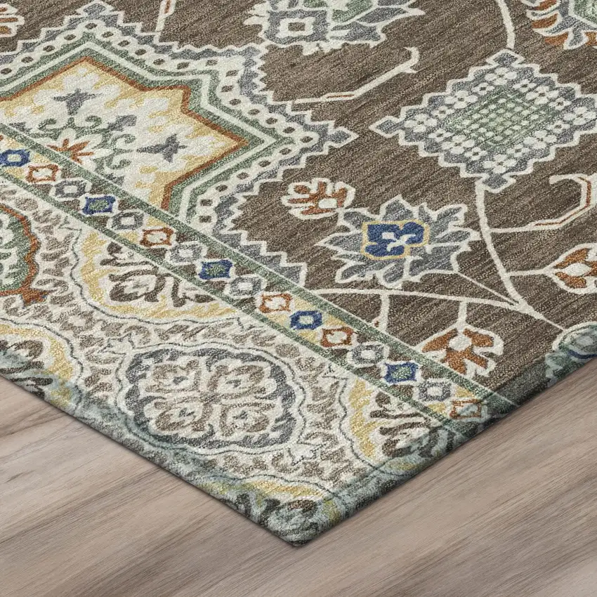 Chocolate And Brown Floral Medallion Washable Indoor Outdoor Area Rug Photo 4