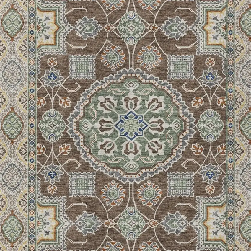 Chocolate And Brown Floral Medallion Washable Indoor Outdoor Area Rug Photo 2
