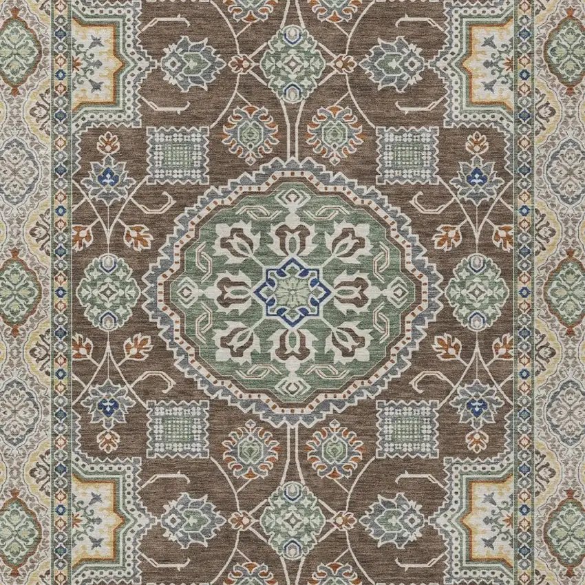 Chocolate And Brown Floral Medallion Washable Indoor Outdoor Area Rug Photo 3