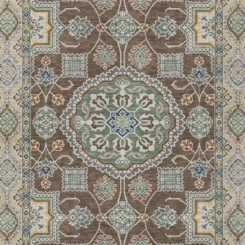Chocolate And Brown Floral Medallion Washable Indoor Outdoor Area Rug Photo 3