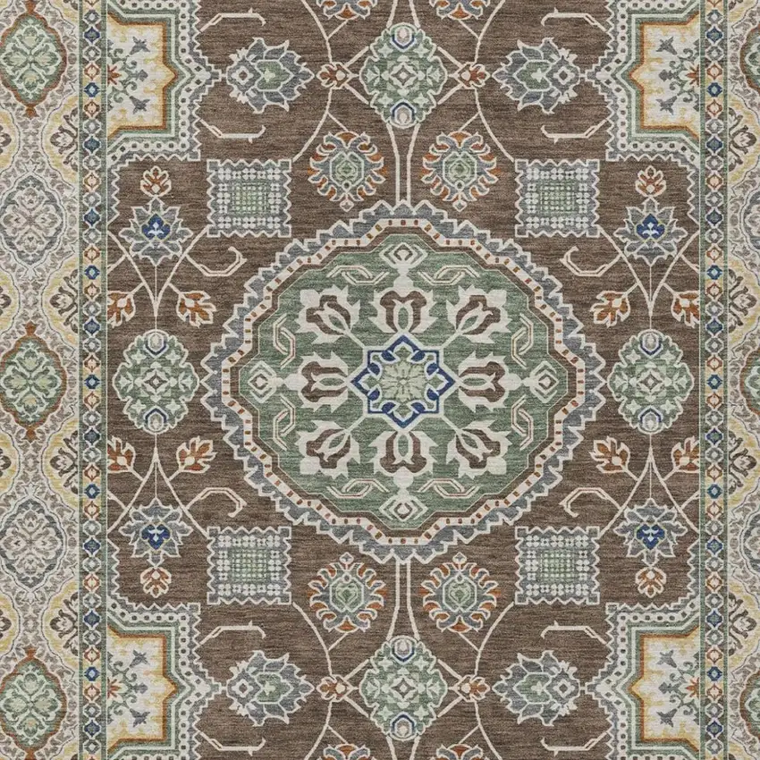 Chocolate And Brown Floral Medallion Washable Indoor Outdoor Area Rug Photo 2