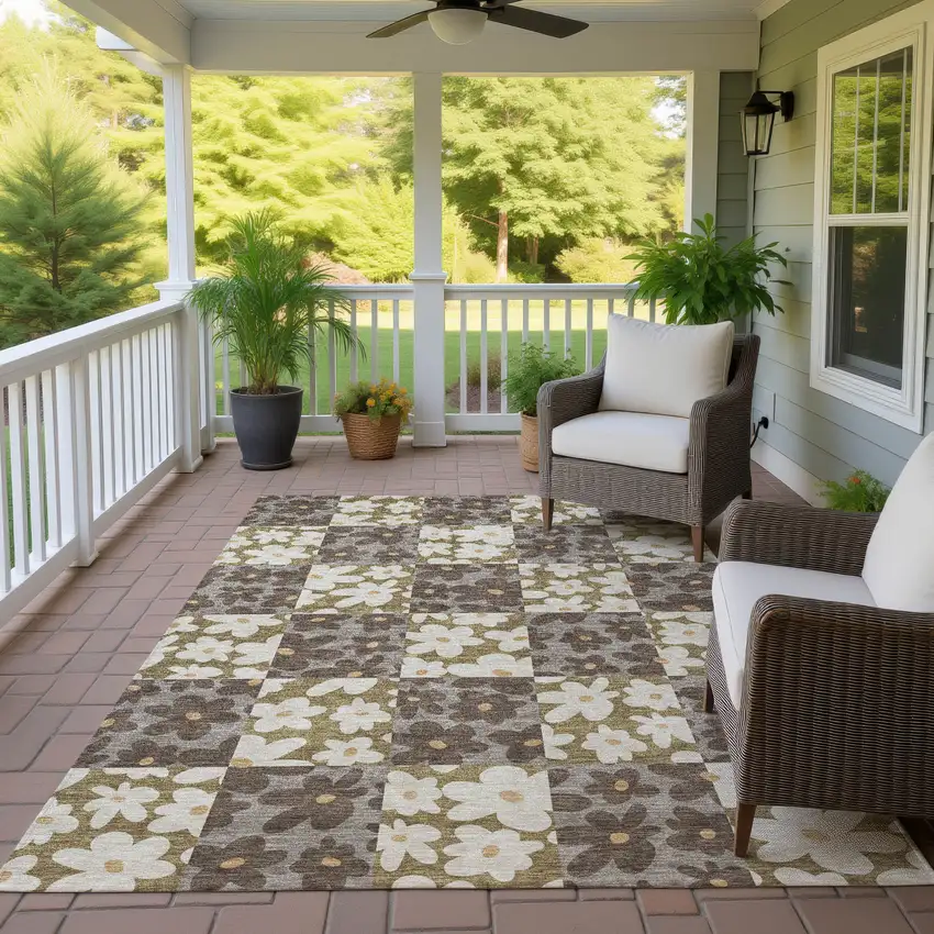 Chocolate And Brown Floral Washable Indoor Outdoor Area Rug Photo 4