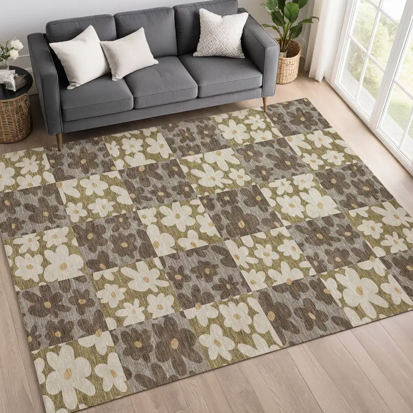 Chocolate And Brown Floral Washable Indoor Outdoor Area Rug Photo 6