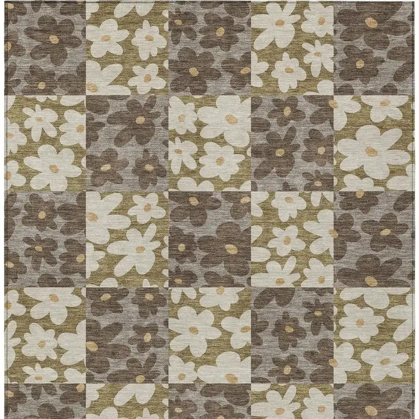 Chocolate And Brown Floral Washable Indoor Outdoor Area Rug Photo 3
