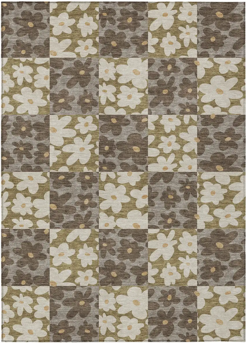 Chocolate And Brown Floral Washable Indoor Outdoor Area Rug Photo 1