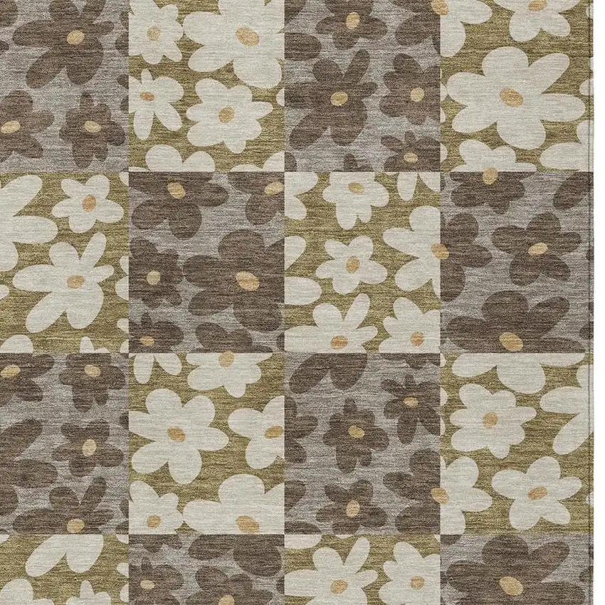 Chocolate And Brown Floral Washable Indoor Outdoor Area Rug Photo 2