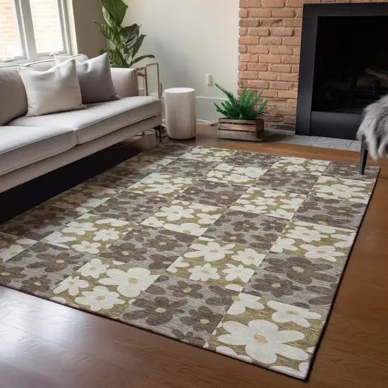 Chocolate And Brown Floral Washable Indoor Outdoor Area Rug Photo 5
