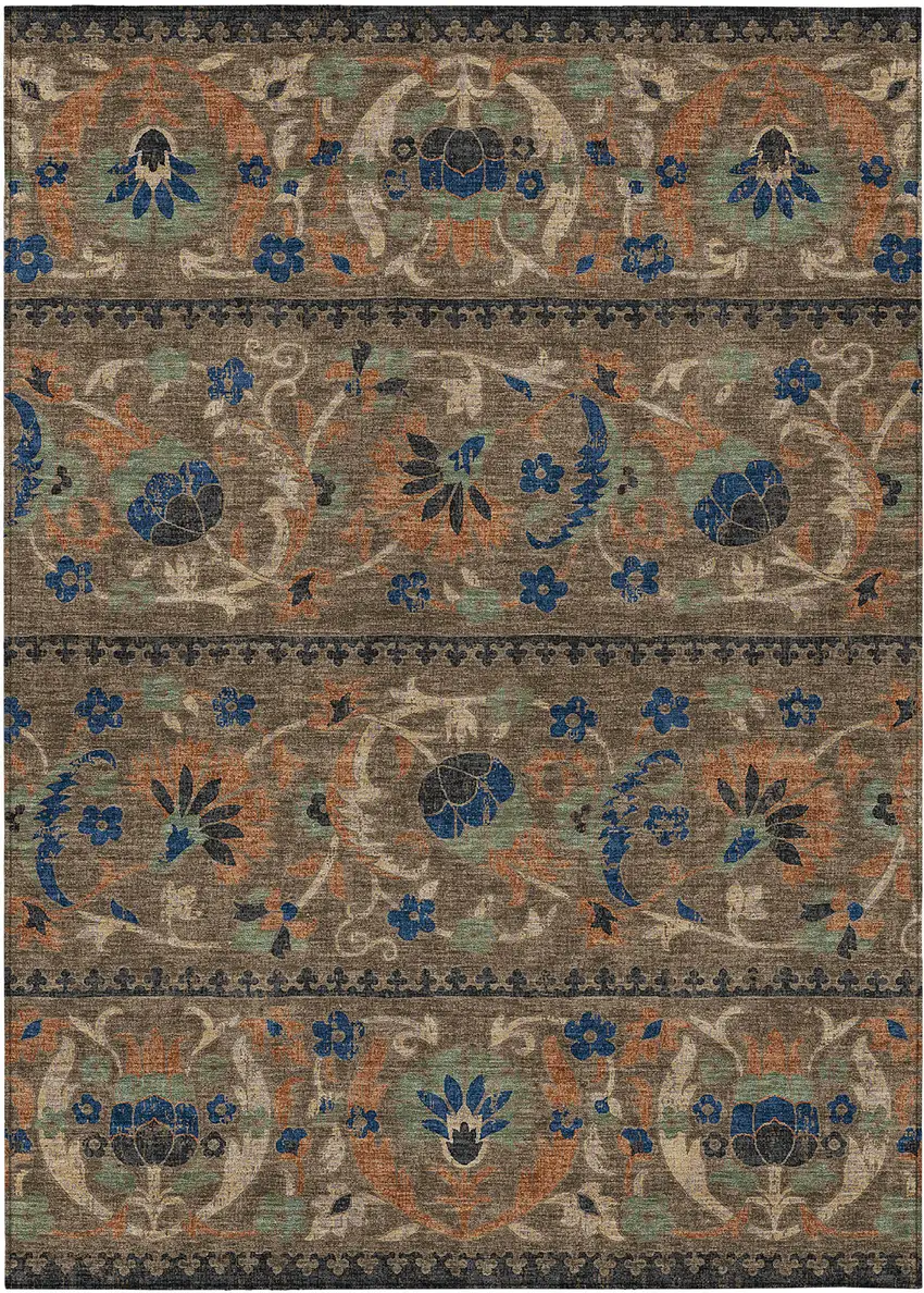 Chocolate And Brown Floral Washable Indoor Outdoor Area Rug Photo 1